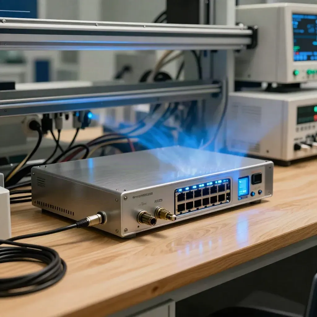 Scanner appliance and loopback plugs glowing on a lab bench beside a clean rack.