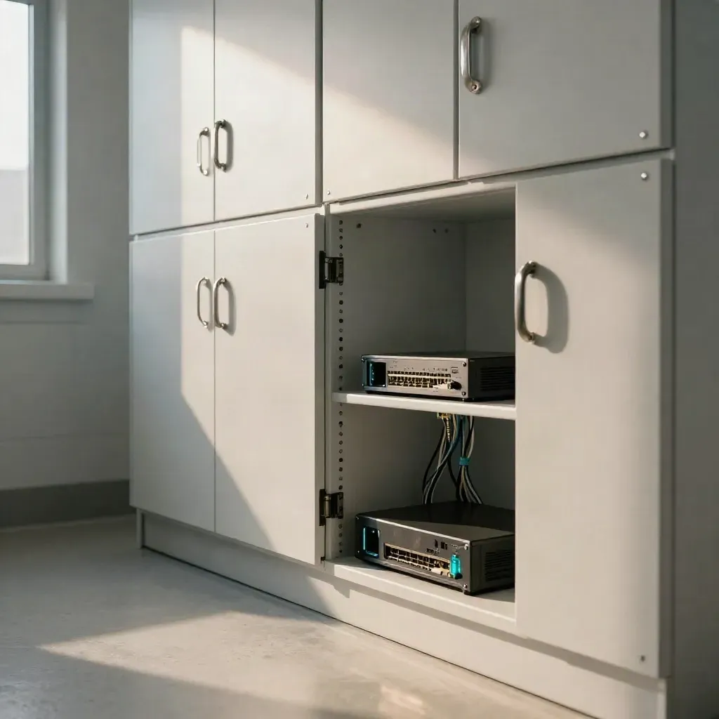 Clinic IT closet with locked cabinets, tamper seals, and a docked backup unit in soft daylight.