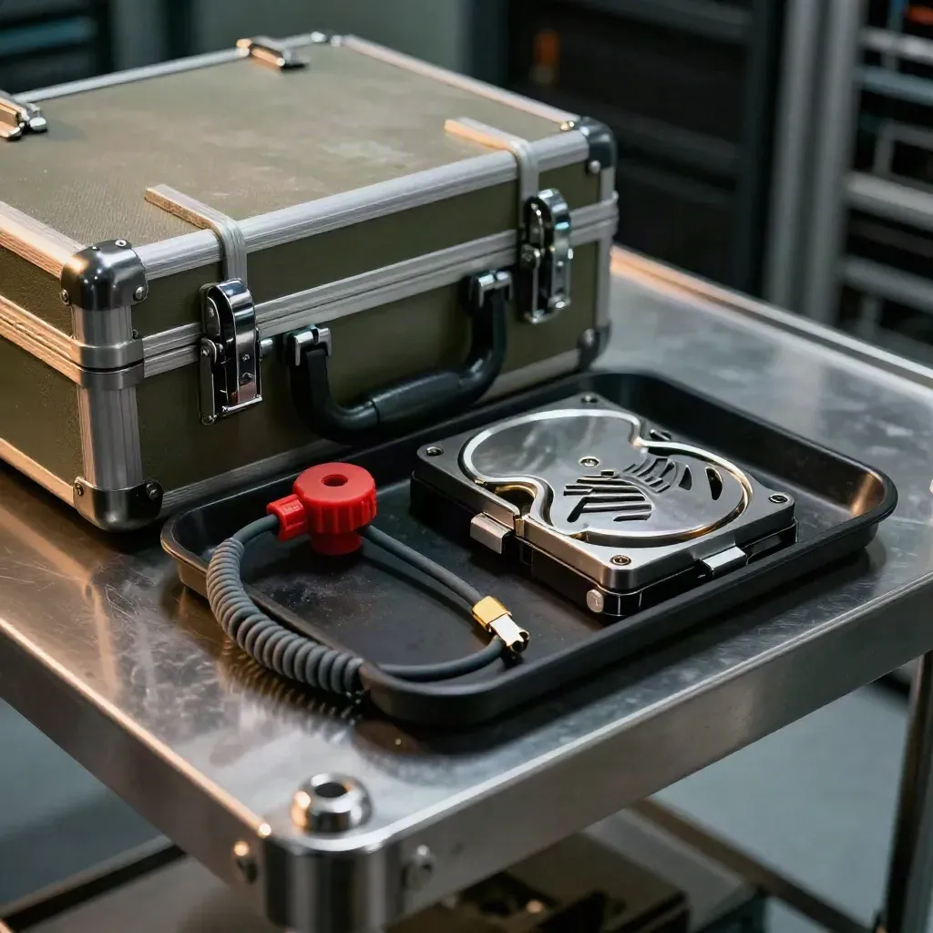 Incident response kit: evidence case, red isolation plug, drive enclosure and cable on a black tray.