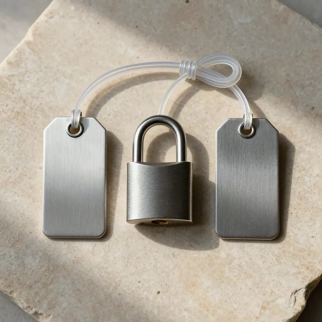 Overhead still life of metal tags, padlock and cable ties on pale stone