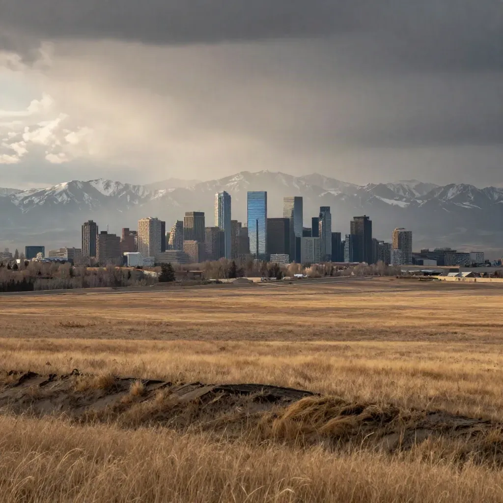Calgary skyline and the Rockies over hazy prairie at golden hour